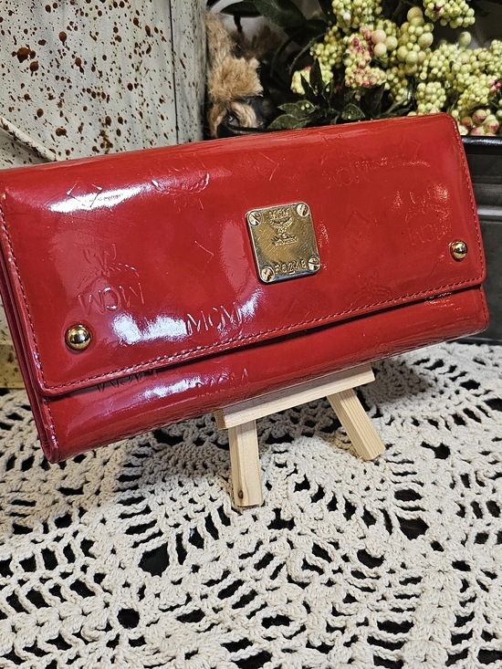 MCM Handbags - MCM Red Patent Leather Continental Wallet - MCM Logo Plaque